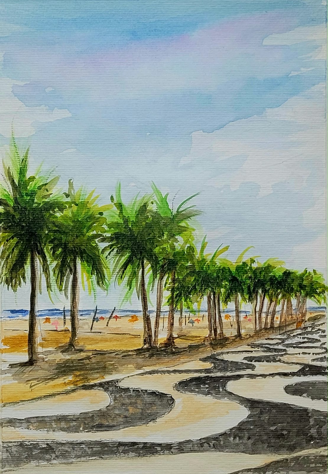 Praia do Leme em Aquarela — obra original de Enéas Lourenço